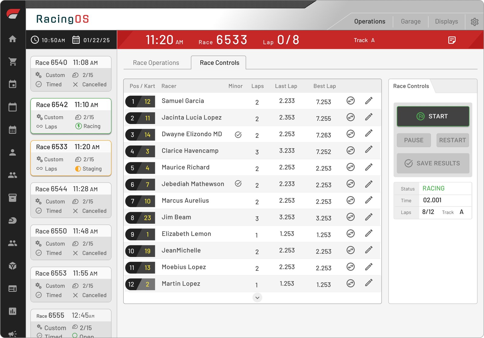 RacingOS race controls interface on iPad