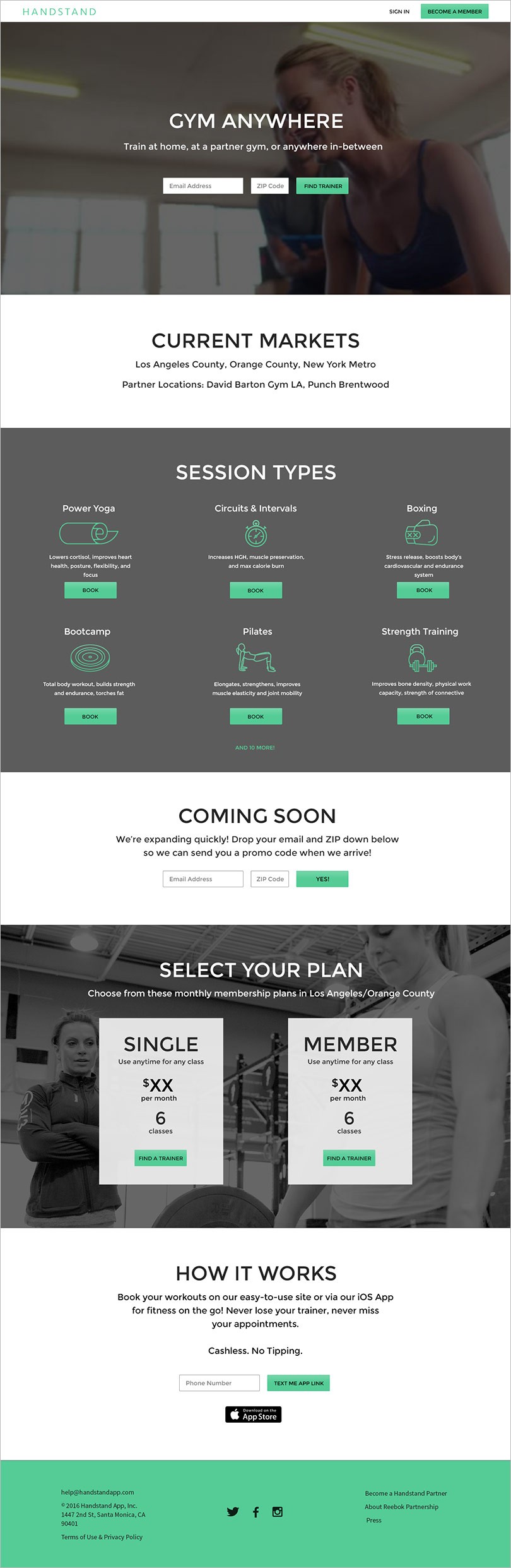 Full-length Handstand desktop redesign showing homepage with session types, membership plans, and how it works sections