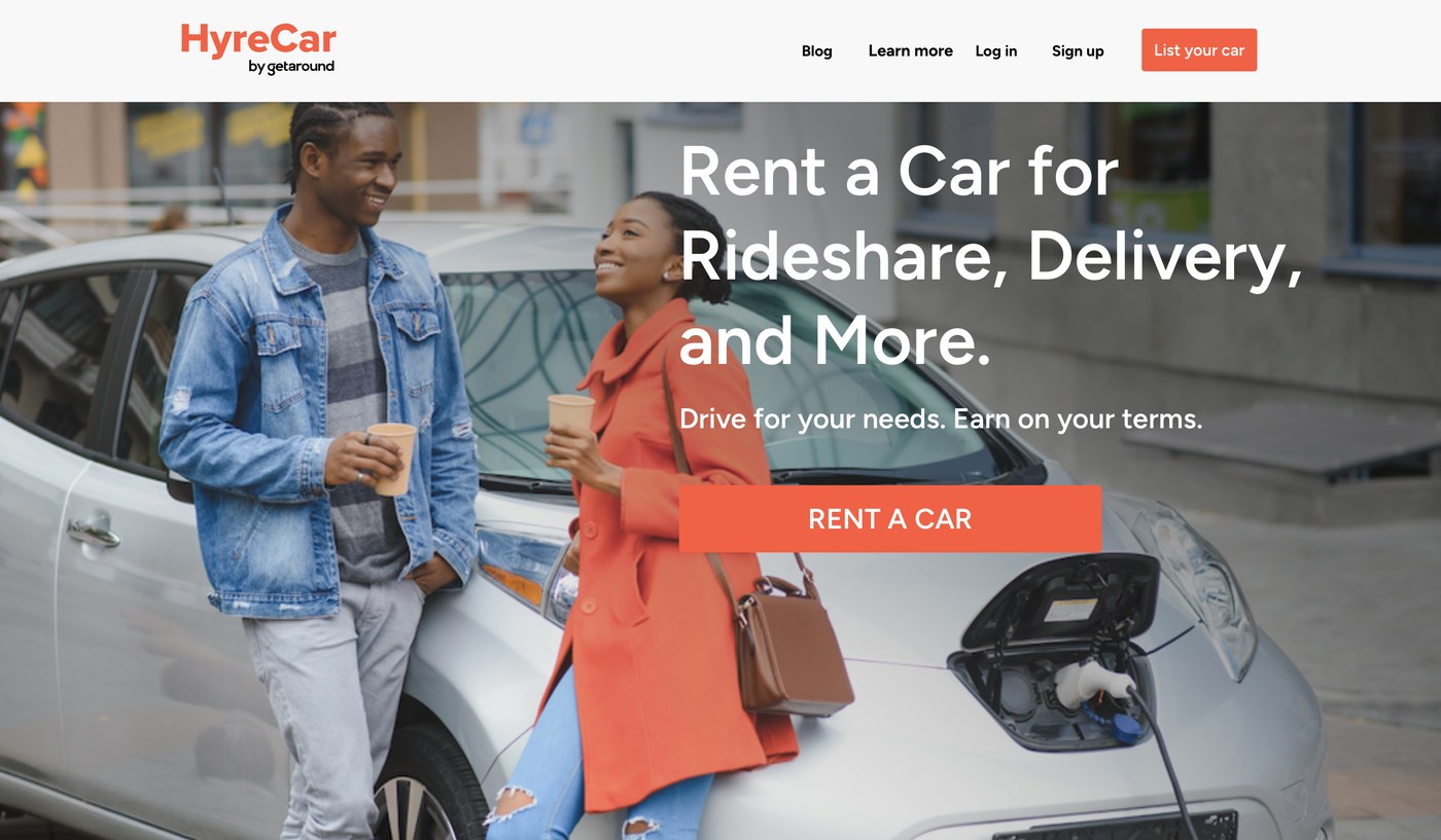 HyreCar marketing homepage — Rent a Car for Rideshare, Delivery, and More